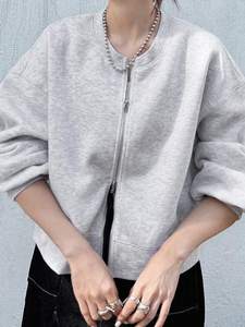 Sudadera corta con cremallera bidireccional gris jaspeado, jersey de cuello redondo de lana de algodón, dobladillo en capas, ropa de calle con hombros caídos de gran tamaño - Product Image 6