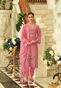 Vente en gros pur coton indien et pakistanais ensemble de vêtements d'exportation à la mode fantaisie broderie travail Organza Dupatta & Kurtis Pent - Product Image 6