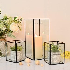 Cadre en laiton de luxe boîte en verre bougeoir ensemble pour la décoration de table de mariage pièce maîtresse bougie carrée noire votive - Product Image 2