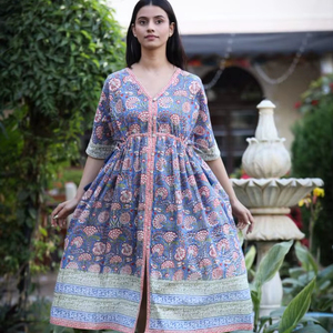 Robe d'été bohème mi-longue faite à la main 100% robe en voile de coton bordure rayée bloc à la main imprimé robe indienne durable - Product Image 1