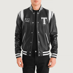 <b>Men's</b> PU Leather Varsity <b>Jacket</b> Preppy Style Turn-down Collar Single Breasted <b>Letter</b> T Patch Design Black White Stripes - Product Image 2
