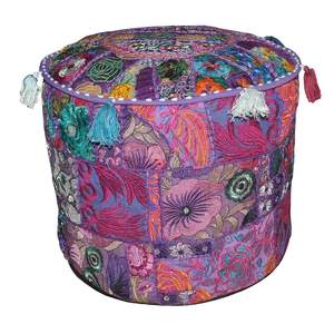 Traditional Bohemian Embroidered Foot <b>Stool</b> Vintage Patchwork Ottoman 18 X 13 Inches Fabric Bamboo for Living Decorative Use - Product Image 3
