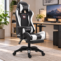 Chaise de jeu noire et blanche à dossier haut avec accoudoirs réglables et repose-pieds intégré pour bureaux à domicile et salles de jeu