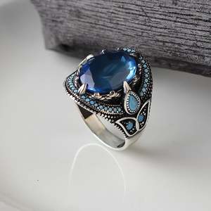 Vente en gros d'anneaux pour hommes Azuris VALKH1085 en argent sterling 925 de style ottoman avec pierre naturelle agate, fabriqués à la main en Turquie - Product Image 4