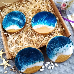 Affordable Price Oceanfoam and <b>Blue</b> Resin with Wooden <b>Coaster</b> Set for Luxury Kitchen Styling - Product Image 1