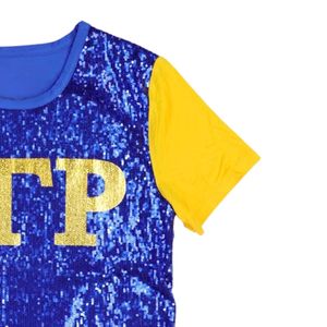Sigma เสื้อยืดพิมพ์ลายแกมม่า Rho sgrho sequin เสื้อยืดแขนสีทองประกายตัวอักษรกรีกปักลาย sorority - Product Image 4