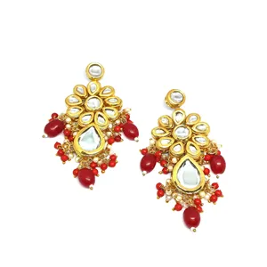 ต่างหูห้อยประดับลูกปัดสีแดงชุบทองสำหรับผู้หญิง ดีไซน์แบบ Polki Kundan เครื่องประดับแฟชั่น - Product Image 1