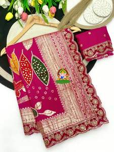 Sari en soie pour femmes Dola avec fil de tissage Zari Moti Broderie fantaisie Bordure en point de croix Fabriqué en Inde - Product Image 5