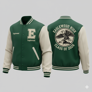 Chaqueta Universitaria Verde Personalizada Más Buscada para Hombre, Chaqueta Varsity de Lona Moderna con Mangas Largas, Diseño Bordado e Impreso, Estilo Casual - Product Image 1