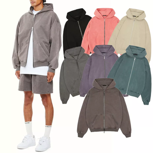 OEM personnalisé 500 gsm coton lourd éponge français vintage tissu vieilli patchs logo broderie lavage à l'acide sweats à capuche zippés - Product Image 1