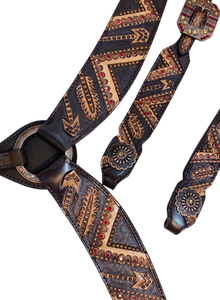 Tête de cheval en cuir de vache argentin 100%, bride en cuir faite à la main, bandeau frontal en cuir, collier de poitrail avec clous en cuivre - Product Image 3