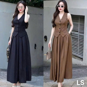 เสื้อเบลเซอร์แขนกุดมีกระดุมและกระโปรงอัดจีบเอวสูงเครื่องแต่งกายเหนือเข่าแบบมีสไตล์2ชิ้น - Product Image 5