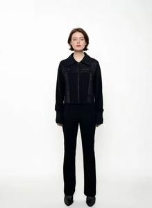 แจ็คเก็ตมอเตอร์ไซค์ดีไซน์ใหม่ สีดำ น้ำหนักเบา หนังเทียม ซิป แขนถักยืดหยุ่น สไตล์สาวเท่ - Product Image 4