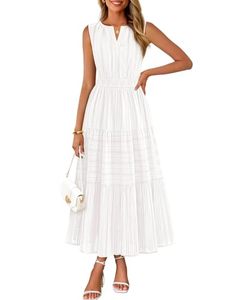 Robe midi blanche sans manches à col en V, coupe trapèze, avec ourlet plissé superposé, décontractée, en mousseline tissée, coupe ample, pour l'été - Product Image 1