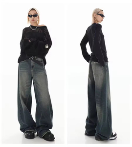 Pantalones vaqueros holgados rectos lavados Vintage para hombre, pantalones vaqueros de pierna ancha desgastados con bolsillos mulit de cintura alta - Product Image 1