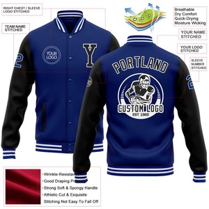 Custom Royal <b>Black</b>-White Bomber Full-Snap Varsity Letterman Two Tone Jacket <b>Windbreaker</b> Streetwear Vintage Men's Varsity Jacket - Product Image 2