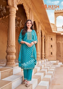 Belle tenue de soirée de créateur Attrayant Pure Viscose Simmer Roman avec broderie et imprimé or Kurti Pant et Dupatta - Product Image 4