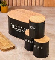 Ensemble de boîtes à pain en métal noir avec boîte à café, à thé et à sucre hermétique et couvercle en bois pour un rangement de cuisine frais, élégant et organisé
