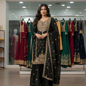 Ensemble Sharara indien pakistanais magnifique et élégant en chinon, ensemble Sharara ethnique lourd de style Bollywood, ensemble de vêtements décontractés pour les fêtes et les mariages pour femmes - Product Image 1