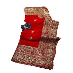 Bordado Georgette seda Saree indio tradicional fiesta boda desgaste sari rojo con blusa de seda cruda nepalí mujeres Sari - Product Image 1