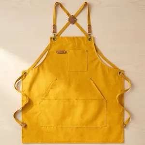 Classic Yellow Canvas Heavy Duty Sleeveless <b>Bib</b> <b>Apron</b> with Adjustable Waist Multiple Pockets Reusable for Cleaning - Product Image 1