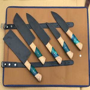 Ensemble de couteaux de cuisine pour usage professionnel - Lame affûtée - Ensemble de 5 pièces - Fait à la main - Sac en cuir - Acier Damas - Product Image 4
