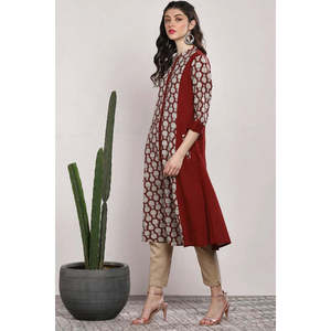 ชุดคุร์ตะผ้าฝ้ายทรงเอพิมพ์ลายสีน้ำตาลแดงสำหรับผู้หญิงที่สวมใส่สบาย - Product Image 3