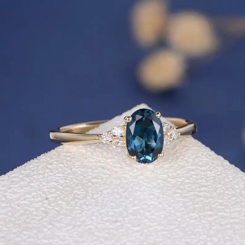 Vintage Oval Cut London Blue Topaz & Unique Round Diamond Wedding Engagement Ring 14K Rose Gold Topaz Anniversary Promise Ring