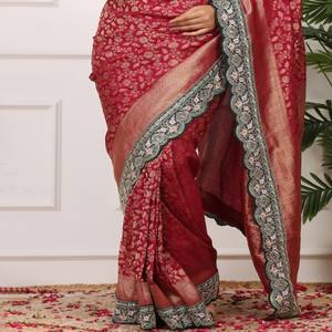 Sari tejido Premium Kadi Georgette Jal Zari con bordado pesado y borde de encaje de lentejuelas Ideal para bodas y fiestas - Product Image 4