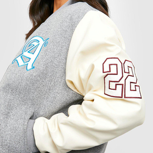 Chaqueta de cuero con letras de colores en contraste para mujer, logotipo transpirable bordado, manga larga, estilo béisbol, diseño de retazos, lana - Product Image 2