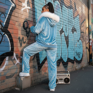 Custom <b>Y2K</b> Streetwear Women Velvet Tracksuit Icy Blue Two Piece Set Skinny <b>Hoodie</b> Short Above Knee Joggers - Product Image 2