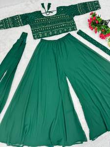 Venta al por mayor de ropa de fiesta de diseñador Faux Georgette hermosa secuencia bordada trabajo Choli y Sharara con juego de Dupatta elegante - Product Image 5