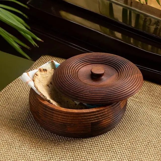 Caçarola de madeira Sheesham feita à mão com tampa, caixa Chapati de madeira ondulado, panela quente para guardar Roti e pão
