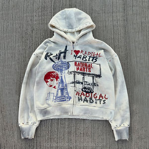 Sweat à capuche zippé surdimensionné personnalisé OEM pour homme, style streetwear, avec strass, rivets, imprimé numérique, effet vieilli et délavé à l'acide vintage - Product Image 2