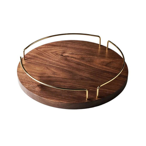 Plateau de service rond en bois vintage avec poignée en laiton doré, plateau de petit-déjeuner décoratif en bois de noyer de luxe pour accessoires de cuisine - Product Image 1