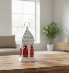 White Finish Metal Moroccan Lantern with <b>Red</b> Glass Panels Intricate Cutwork Warm <b>Candle</b> Glow Ideal Festive Home Decor Gift - Product Image 1