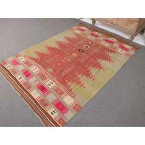 Alfombra Kilim Vintage de 4.6x6.6 pies, Alfombra Turca Roja con Estampado Animal de Lana - Product Image 2