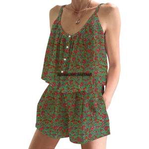 New Arrival Hand Block Floral Print Shorts <b>Pajama</b> Set Spring/<b>Summer</b> Floral Fitted Strappy Sleeveless PJ Set - Product Image 6