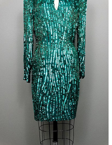 Deslumbrante Vestido de Lentejuelas de Jade, Vestido de Gala con Cuello Alto y Mangas Largas con Cuentas Verdes para Salir de Noche y Fiestas - Product Image 6