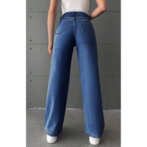 Jeans de mezclilla azul piedra de cintura alta para mujer, de pierna ancha, holgados, de ajuste relajado, suaves, elásticos, duraderos, casuales, tallas 26-40 - Product Image 5