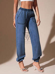 Vaqueros casuales de mezclilla para mujer, de corte recto y pierna ancha, transpirables, azules lavados - Product Image 3