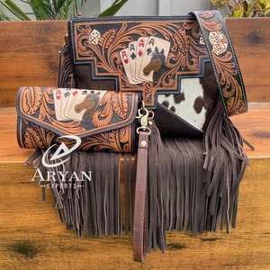 Sac à franges en cuir véritable usiné personnalisable à la mode et cheveux d'embrayage sur carte en peau de vache et Design floral 2 pièces Combo Set pour les femmes - Product Image 1