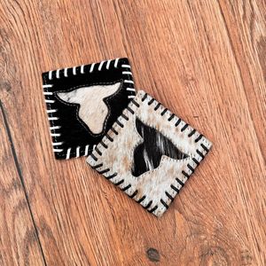 Venta superior hecho a mano Longhorn Cowhide Posavasos Set Western Hair On Hide Posavasos de cuero genuino para bebidas Western Home Decor Gifts - Product Image 3