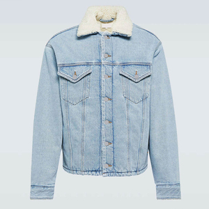 Wholesale Customized Winter Collection Coated <b>Stand</b> Collar Breathable Men's Denim Jacket with Faux Fur Lining Blue Color - Product Image 1