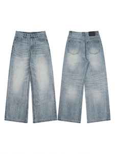 Jean en denim délavé taille haute pour homme, coupe ample, jambe large, style décontracté en coton, collection printemps - Product Image 5