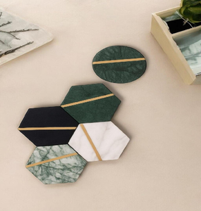 Clean <b>white</b> marble <b>coasters</b> in a fluted brass holder. Sophisticated style available at wholesale prices. - Product Image 3