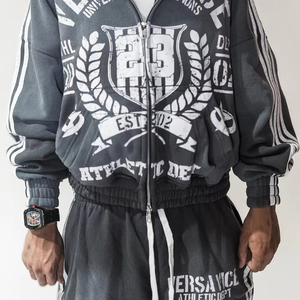 Custom Streetwear Sweatsuit White Side Stripe Chándal Serigrafía Zip up Sudadera con capucha Pantalones de chándal Conjuntos para hombres - Product Image 3