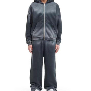 High Quality Rhinestones Acid Wash <b>Flare</b> <b>Sweatpants</b> Zip up Hoodie 2 Piece Set Unisex Rhinestone Vintage Acid Wash Men Tracksuit - Product Image 4