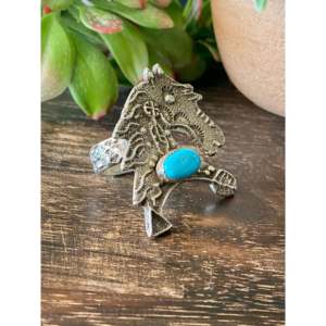 Delbert Arviso Kingman Turquoise Sterling <b>Silver</b> Tufa Cast Horse <b>Ring</b> Size 9.75 Bezel Setting Inlay Everyday Wear <b>Statement</b> <b>Ring</b> - Product Image 3
