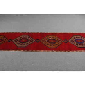 Turkish Vintage Rug, <b>Runner</b> 2.2x12.1 ft (68x370 cm) Rug, <b>Red</b> Solid Wool Rug - Product Image 3